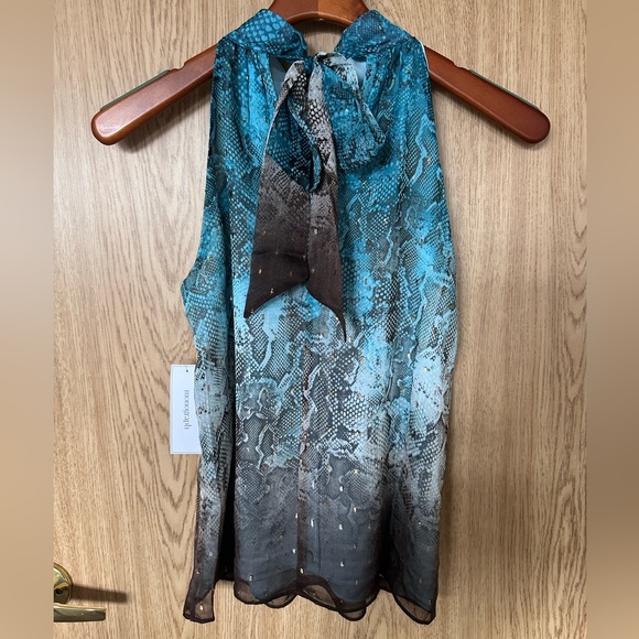 New Monograph Blue/Brown Snake Sheer Sleeveless Back Tie Blouse Women’s 0P - Picture 3 of 8